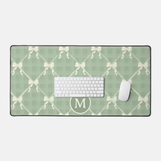 Coquette Bows Gingham Monogram Cream Sage Green デスクマット (キーボード&マウス)