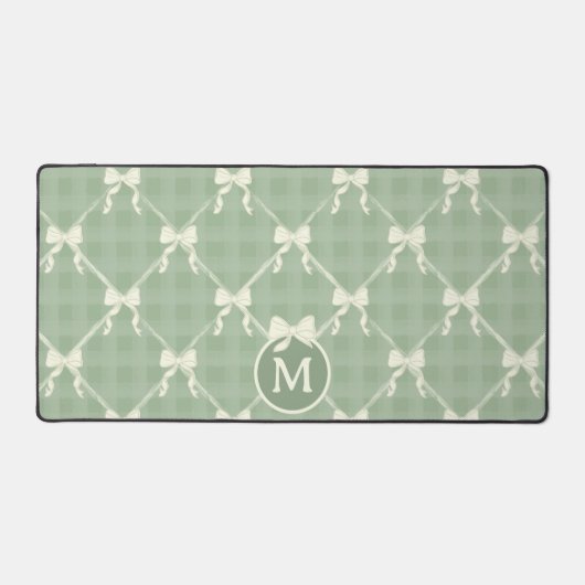 Coquette Bows Gingham Monogram Cream Sage Green デスクマット (正面)