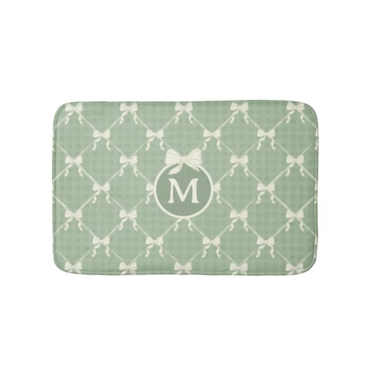 Coquette Bows Gingham Monogram Cream Sage Green  バスマット (正面)