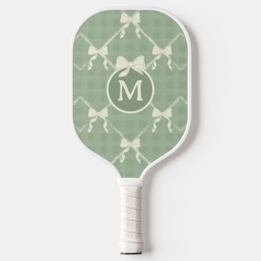 Coquette Bows Gingham Monogram Cream Sage Green  ピックルボールラケット (正面)