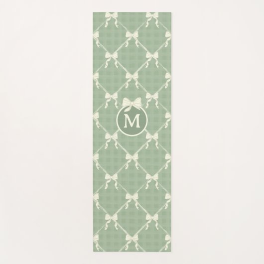 Coquette Bows Gingham Monogram Cream Sage Green ヨガマット (正面)