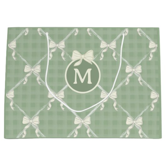 Coquette Bows Gingham Monogram Cream Sage Green  ラージペーパーバッグ (正面)