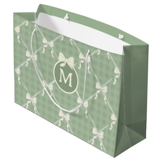 Coquette Bows Gingham Monogram Cream Sage Green  ラージペーパーバッグ (裏面アングル)