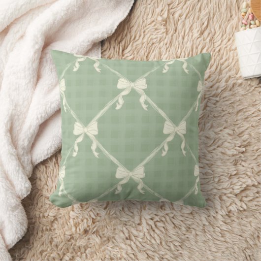 Coquette Bows Gingham Pattern Cream Sage Green  クッション (ブランケット)