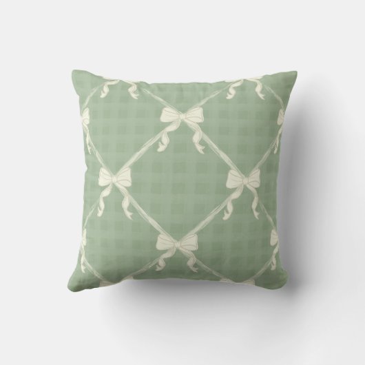 Coquette Bows Gingham Pattern Cream Sage Green  クッション (裏面)