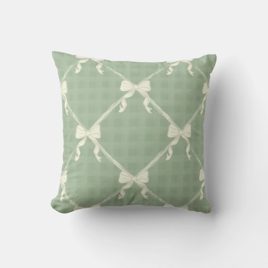 Coquette Bows Gingham Pattern Cream Sage Green  クッション (正面)
