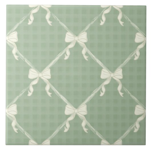 Coquette Bows Gingham Pattern Cream Sage Green  タイル (正面)