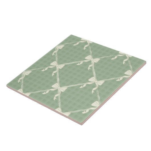 Coquette Bows Gingham Pattern Cream Sage Green  タイル (側面)