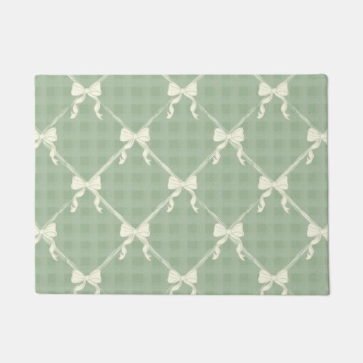 Coquette Bows Gingham Pattern Cream Sage Green ドアマット (正面)