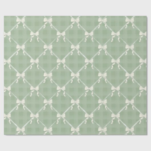 Coquette Bows Gingham Pattern Cream Sage Green  ラッピングペーパー (フラット)