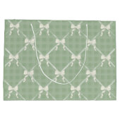 Coquette Bows Gingham Pattern Cream Sage Green ラージペーパーバッグ (裏面)