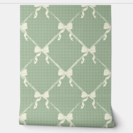 Coquette Bows Gingham Pattern Cream Sage Green  壁紙