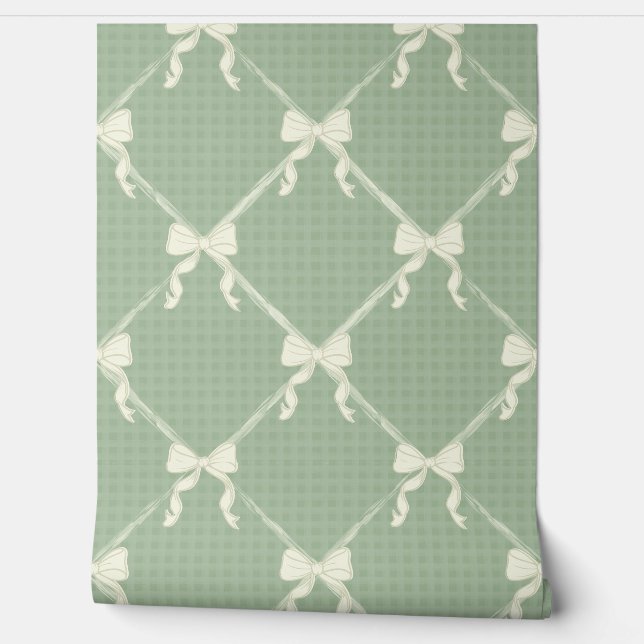 Coquette Bows Gingham Pattern Cream Sage Green  壁紙 (ほどく)
