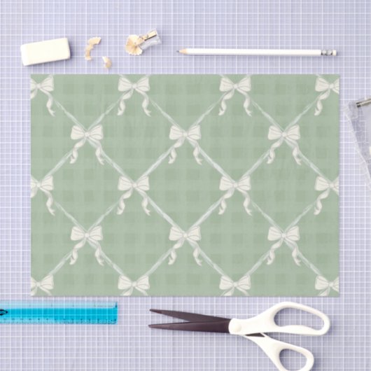 Coquette Bows Gingham Pattern Cream Sage Green  薄葉紙 (クラフト)