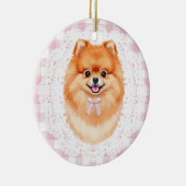 Coquette Brown Pomeranian Dog Pink Gingham Bows セラミックオーナメント (右)