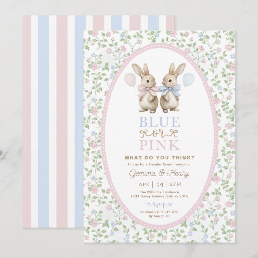 Coquette Bunny Blue or Pink Gender Reveal 招待状 (正面/裏面)