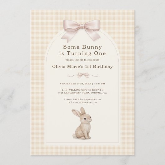 Coquette Bunny Gingham 1st Birthday 招待状 (正面)