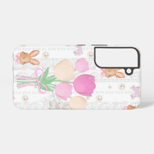 Coquette Bunny Phone Case – White & Floral Samsung Galaxyケース (裏面横)