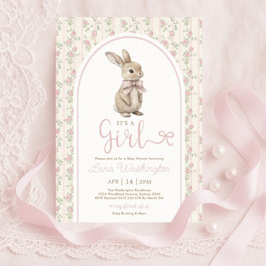 Coquette Bunny Pink Bow Roses Girl Baby Shower 招待状
