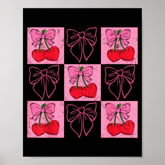 Coquette Checkred Pink Bow And Red Cherries Valent ポスター (正面)