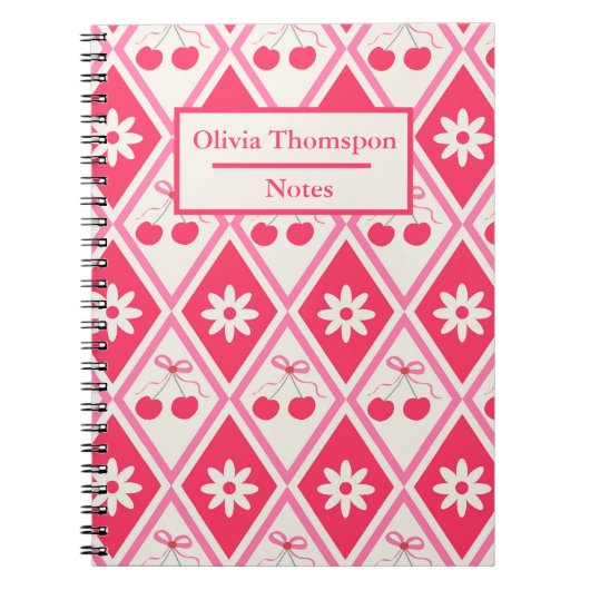 Coquette Cherries with bows on red diamonds custom ノートブック (正面)