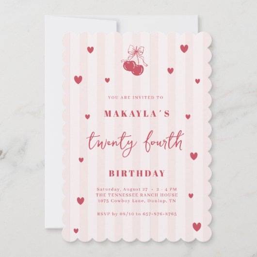 Coquette Cherry 24th Heart Aesthetic Birthday 招待状 (正面)