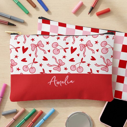 Coquette Cherry & Bows Pink and Red Checkerboard アクセサリーポーチ