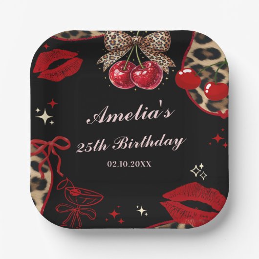 Coquette Cherry Cheetah Birthday Party ペーパープレート (正面)