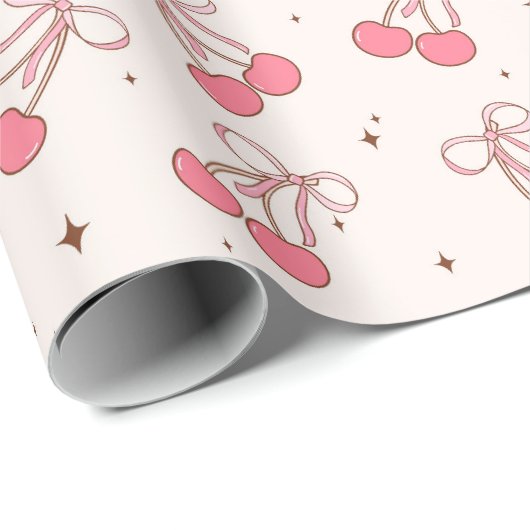 Coquette Cherry Pink Bow Girly Wrapping Paper Roll ラッピングペーパー (ロールコーナー)