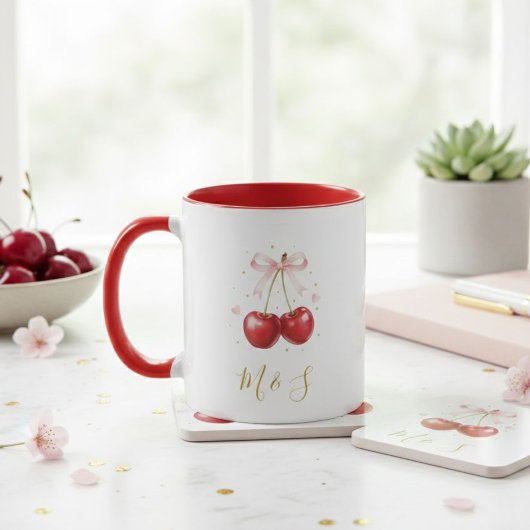 Coquette Cherry Pink Bow Mug Personalized Initials マグカップ