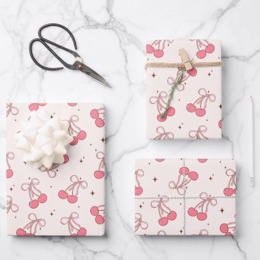 Coquette Cherry Pink Bow Wrapping Paper Sheet Set ラッピングペーパーシート (正面)