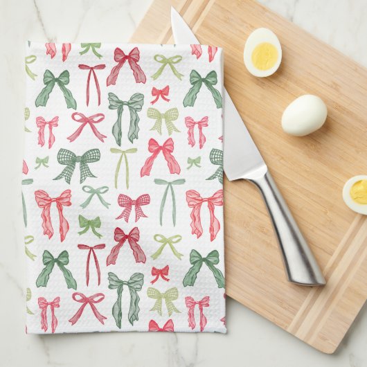 Coquette Christmas Bows Red Green Kitchen Towels キッチンタオル (四つ折り)