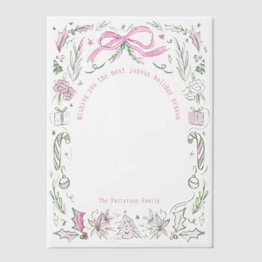 Coquette Christmas Family Photo Pink Green Doodle  ベラム紙招待状 (正面)