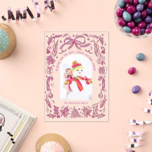 Coquette Christmas Family Photo Red Pink Doodle アクリル招待状 (インサイチュ (お祝い))
