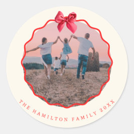 Coquette Christmas Red Bow Wavy Photo  ラウンドシール