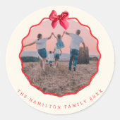 Coquette Christmas Red Bow Wavy Photo  ラウンドシール (正面)