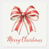 Coquette Christmas Red & White Candy Cane Bow スクエアシール (正面)
