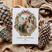 Coquette Christmas Wreath Red Bow Family Photo シーズンカード