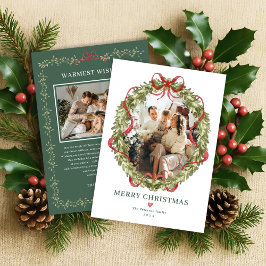 Coquette Christmas Wreath Red Bow Family Photo シーズンカード