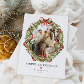 Coquette Christmas Wreath Red Bow Family Photo シーズンカード