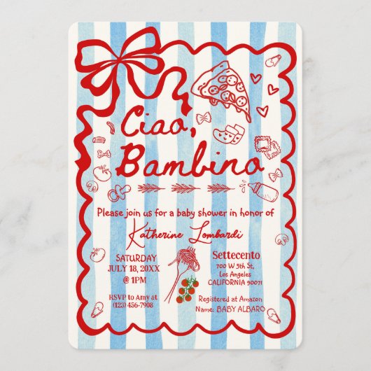 Coquette Ciao Bambino Blue Italian Theme Invitatio 招待状 (正面)