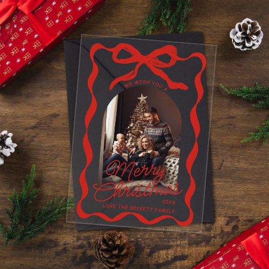 Coquette Curvy Ribbon & Bow Retro Christmas Photo アクリル招待状