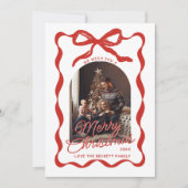 Coquette Curvy Ribbon & Bow Retro Christmas Photo シーズンカード (正面)