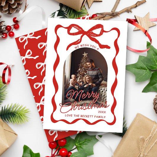 Coquette Curvy Ribbon & Bow Retro Christmas Photo シーズンカード