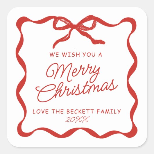 Coquette Curvy Ribbon & Bow Retro Merry Christmas スクエアシール (正面)