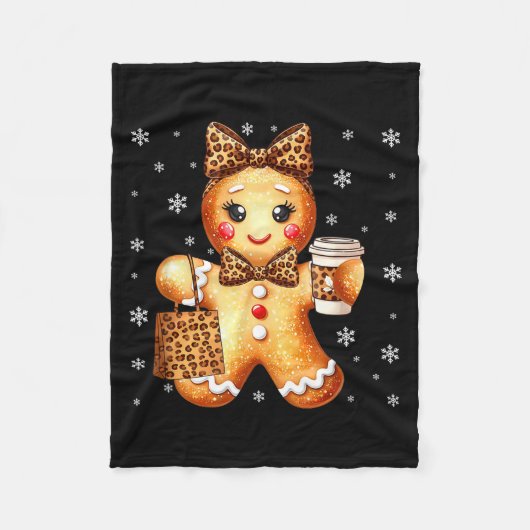 Coquette Cute Gingerbread Leopard Bow Christmas Gi フリースブランケット (正面)