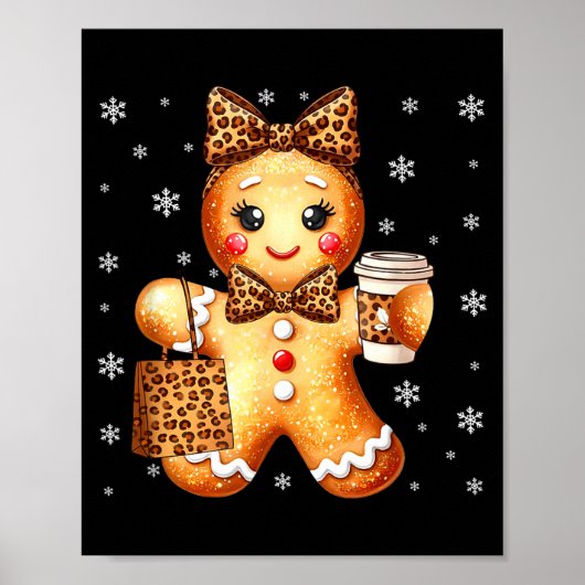 Coquette Cute Gingerbread Leopard Bow Christmas Gi ポスター (正面)