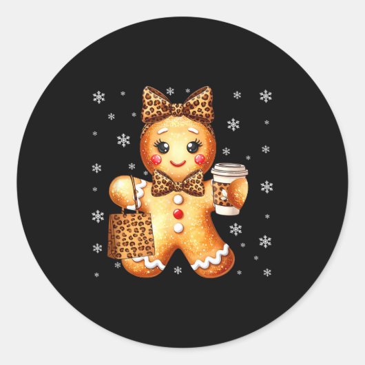 Coquette Cute Gingerbread Leopard Bow Christmas Gi ラウンドシール (正面)
