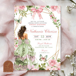 Coquette Enchanted Forest Sage Blush Pink Sweet 16 招待状