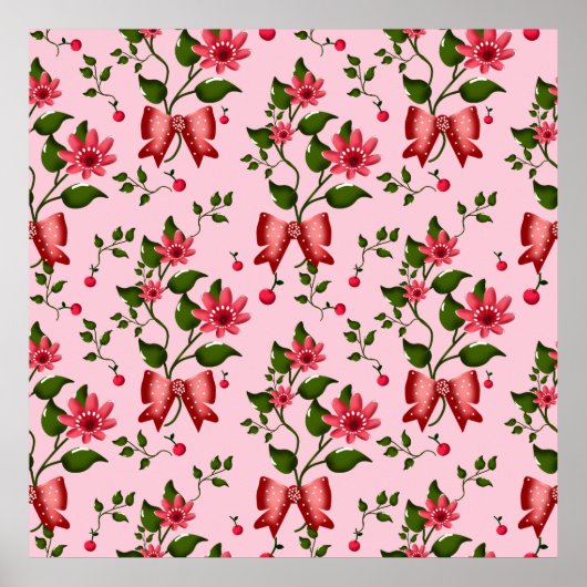  Coquette  floral Bow Pattern Wallpaper ポスター (正面)